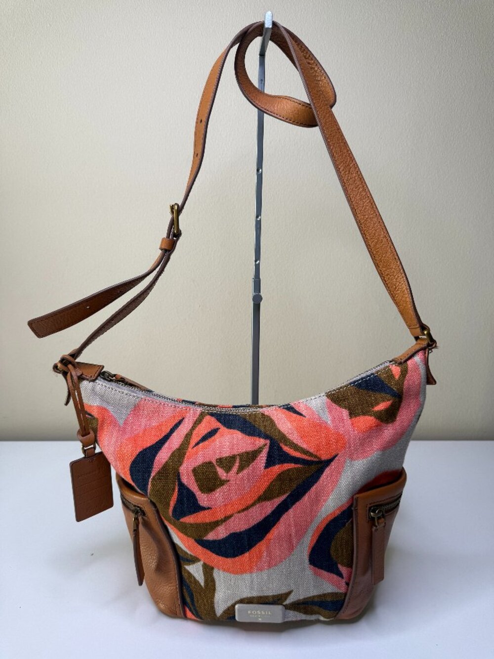 Fossil Pink Orange Blue Canvas Floral Crossbody Bag with Tan Leather Trim